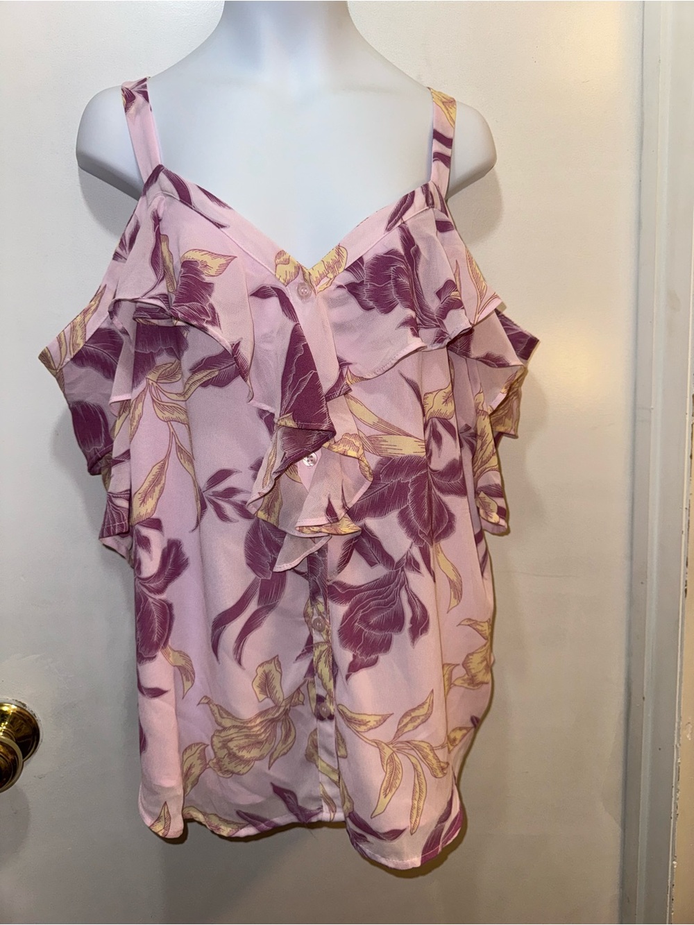 Light Pink Floral Ruffle Cold-Shoulder Blouse